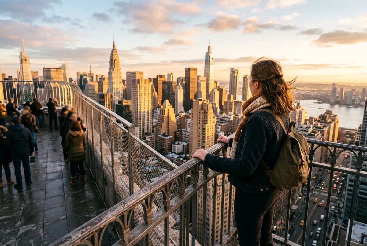 traveler admiring the midtown manhattan skyline from the empire state building observatory deck railing at golden hour