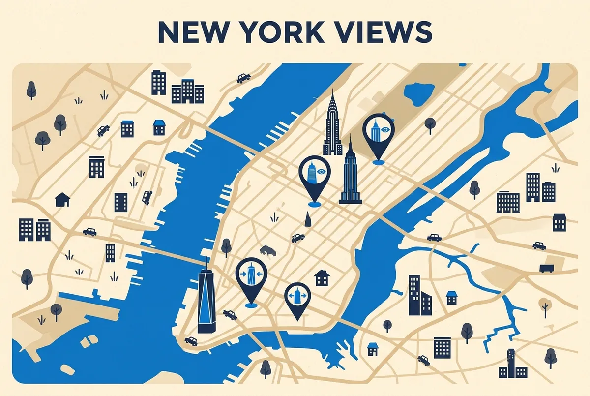 Simple map style graphic marking midtown and lower manhattan observation deck locations on a stylized city outline, generic pin icons only, no text statistics