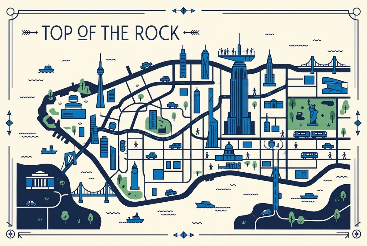 Infografía estilo mapa mostrando la ruta hasta la entrada de visitantes de Top of the Rock en el 30 Rockefeller Plaza con las líneas de metro cercanas y etiquetas genéricas de los puntos de referencia