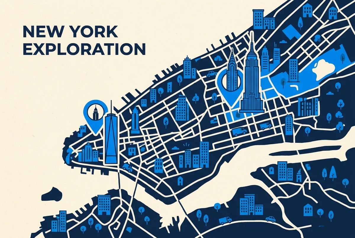 Simple map style graphic marking one world observatory in lower manhattan versus a midtown skyline landmark, generic pin icons only, no text statistics