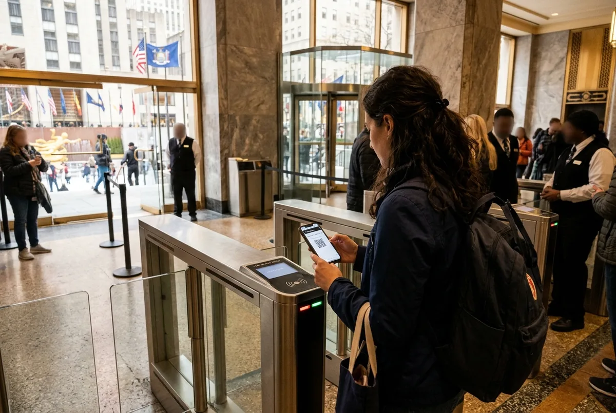 visitor checking a phone for a timed entry ticket near the top of the rock turnstiles inside the 30 rockefeller plaza lobby, daytime, rockefeller center admission concept