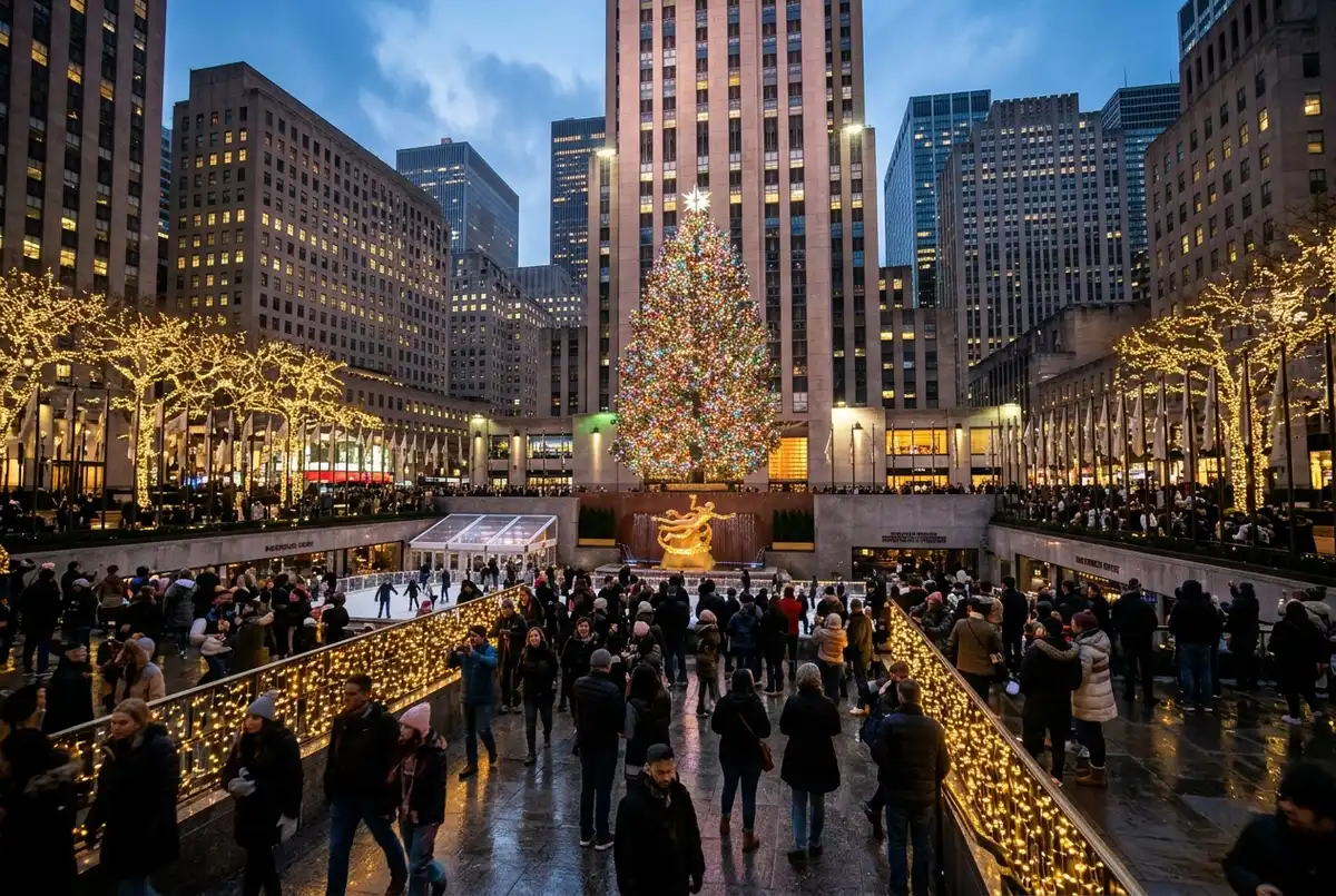 crowd gathered at dusk around the lit rockefeller center christmas tree in the plaza with surrounding skyscrapers, golden string lights, festive winter mood
