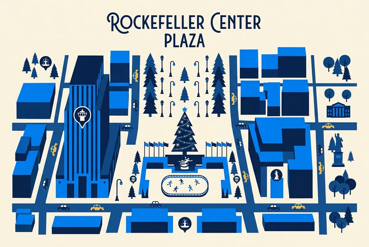 Simple map style illustration showing the rockefeller center plaza layout with the christmas tree, the rink and the observation deck entrance marked as generic icons, no text statistics