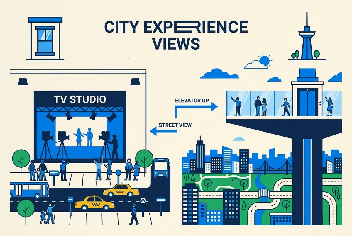 Simple side by side infographic comparing a street level television studio window and an open air skyscraper observation terrace at 30 rockefeller plaza, generic building icons only, no text statistics