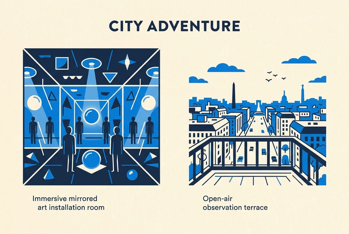 Simple side by side icon graphic comparing a mirrored art installation room and an open air observation terrace, generic labels only, no statistics