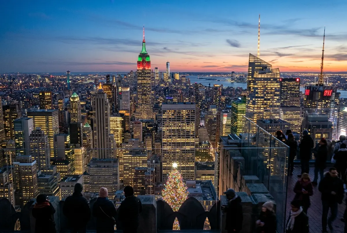 manhattan skyline at dusk in early winter seen from the top of the rock observation deck open air terrace, the lit rockefeller center christmas tree glowing tiny far below among midtown rooftops, holiday mood