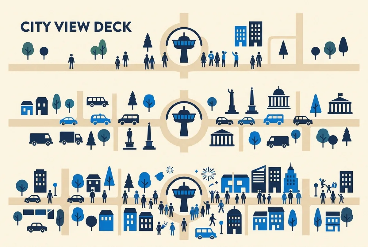 Simple infographic comparing crowd levels across early december, mid december and the week between christmas and new year at a generic observation deck icon, no statistics or prices