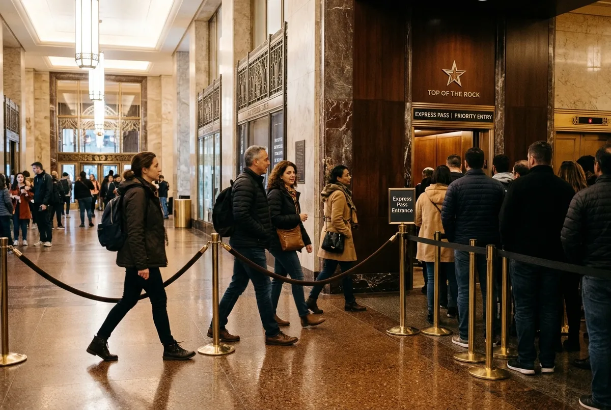 small group walking past the priority elevator line at top of the rock express pass entrance, rockefeller center lobby, warm interior light