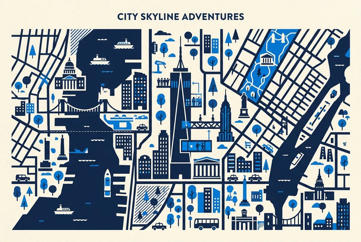 illustrated map of New York highlights for Top of the Rock Floors, the Beam and the SkyLift, top of the rock beam