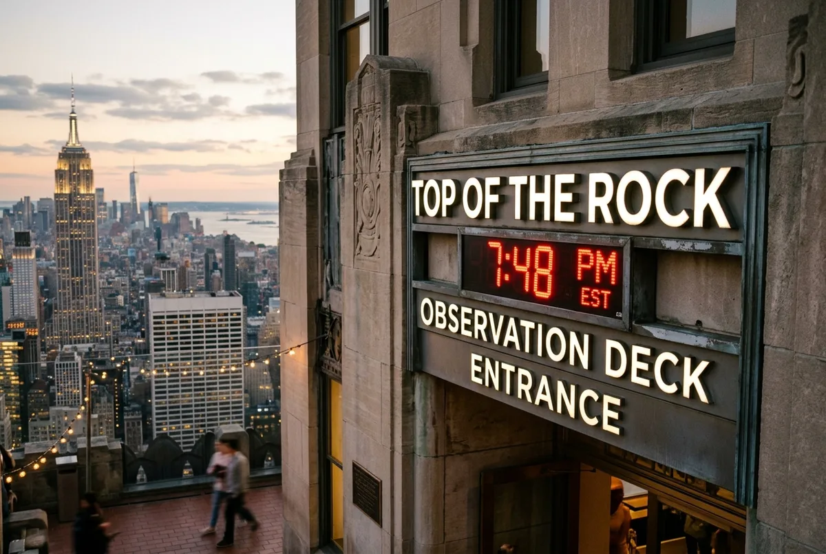 Nahaufnahme eines digitalen Uhrenschildes nahe dem Eingang der Top of the Rock Aussichtsplattform an der Rockefeller Plaza, frühes Abendlicht