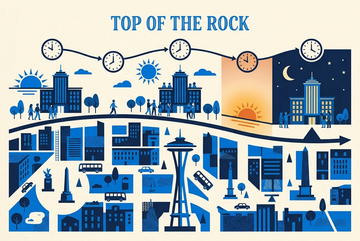 Einfache Zeitstrahl-Infografik eines Tages an der Top of the Rock Aussichtsplattform, von der morgendlichen Öffnung über den Sonnenuntergang bis zur späten nächtlichen Schließung, generische Uhren-Symbole