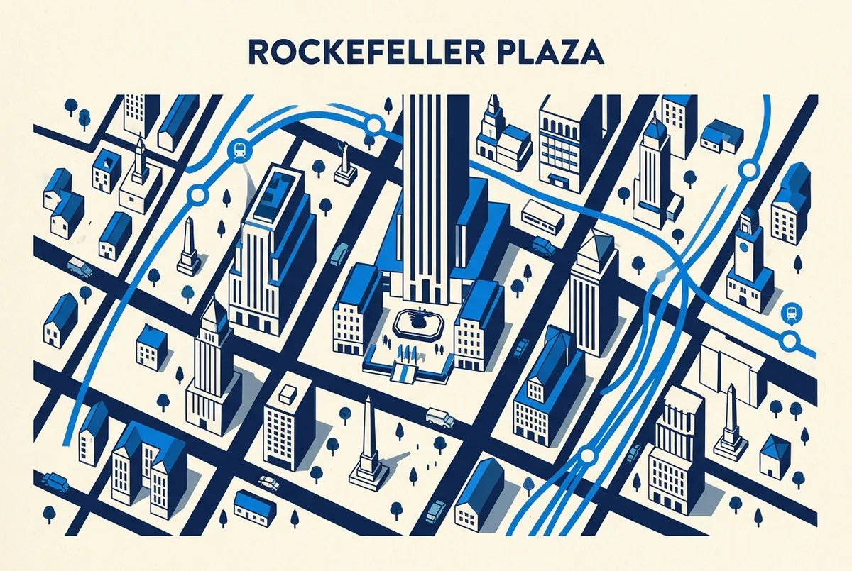Map style infographic showing the top of the rock observation deck entrance at 30 rockefeller plaza with nearby subway lines and landmark labels