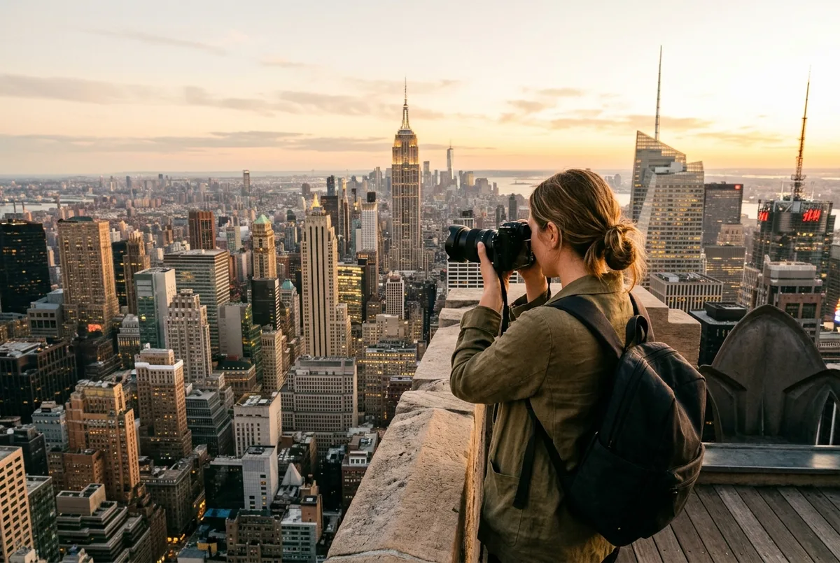 close up of a traveler photographing the manhattan skyline from the open air 70th floor deck at top of the rock during golden hour, warm light, no glass in frame