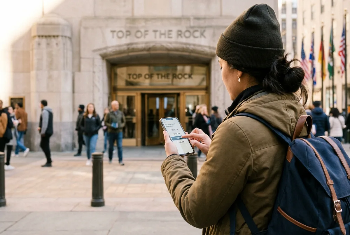 traveler selecting a time slot on a phone booking screen for a top of the rock reservation, Rockefeller Plaza entrance visible in soft daylight