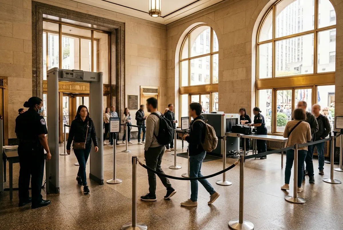 visitors passing through an airport style security checkpoint with a metal detector near the top of the rock entrance at 30 rockefeller plaza, daytime, orderly line