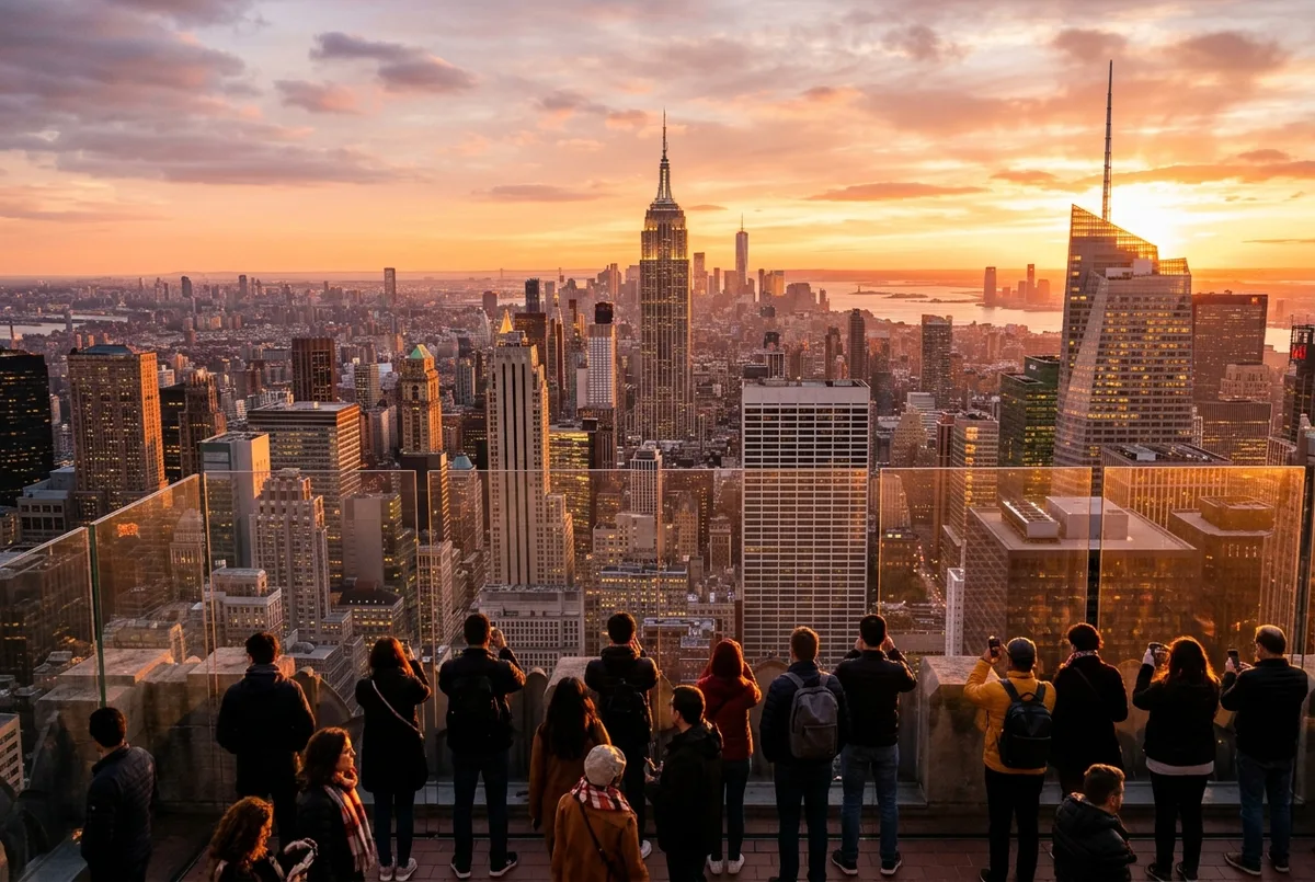 visitantes en la barandilla del mirador de Top of the Rock durante la hora dorada, con el sol poniéndose detrás del perfil de Manhattan, luz cálida