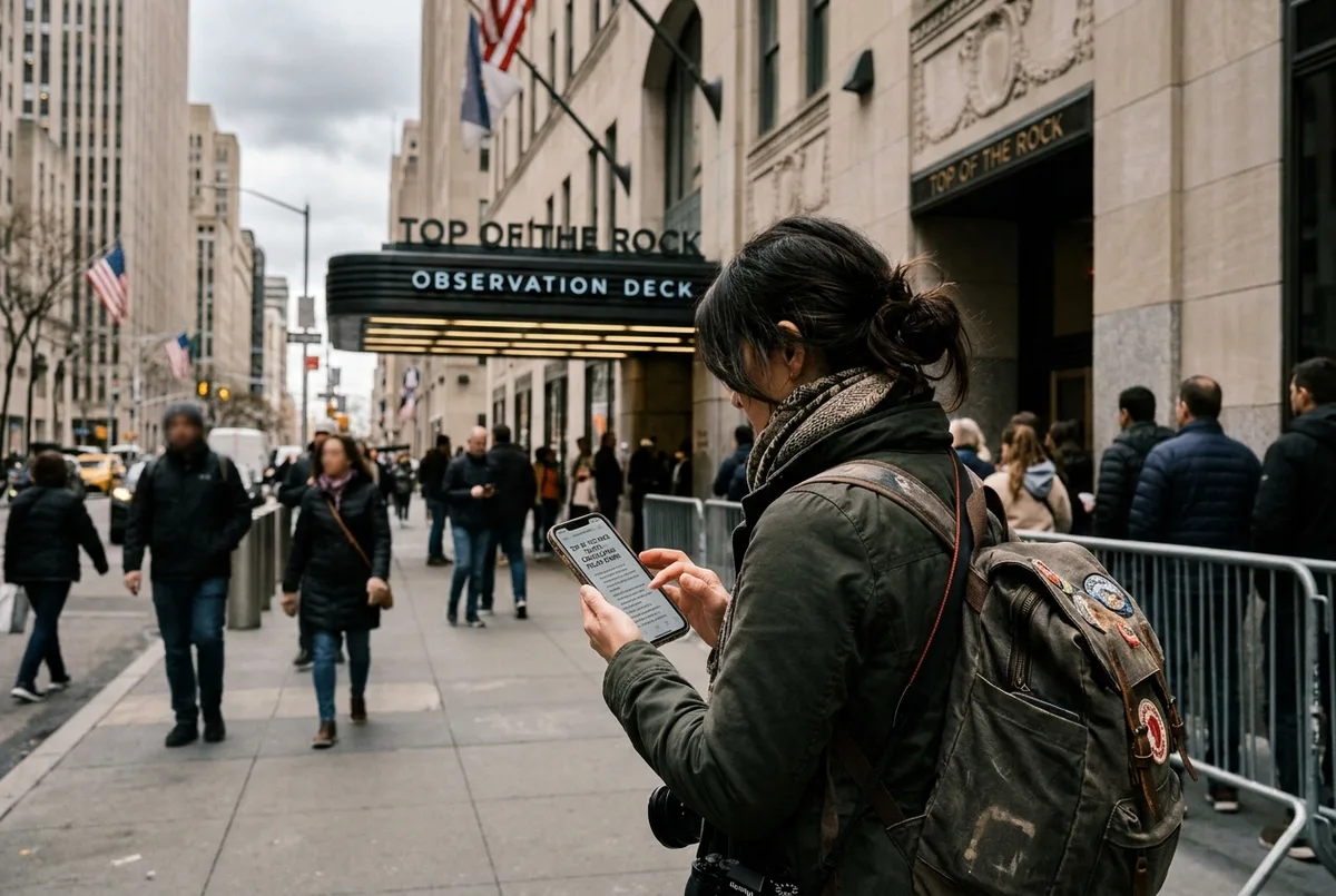 traveler checking a top of the rock ticket cancellation policy on a phone near the observation deck entrance, overcast sky, daytime