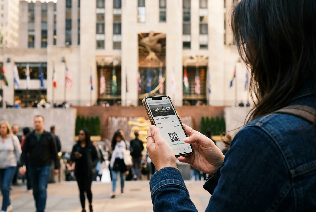 gros plan sur un voyageur qui vérifie le prix du billet Top of the Rock sur l'écran de réservation d'un téléphone, entrée du Rockefeller Plaza floue en arrière-plan, journée