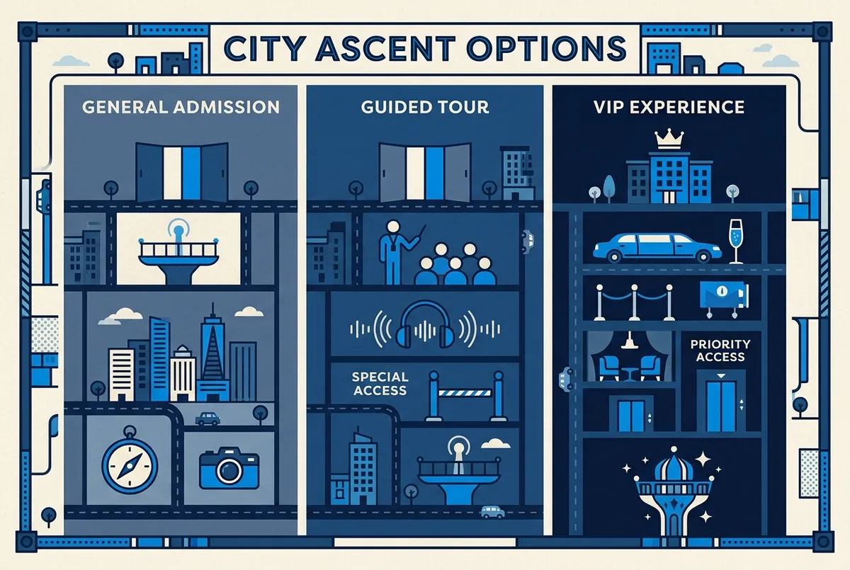 infographie comparant les paliers de prix du billet Top of the Rock avec des étiquettes génériques Admission Standard, Visite Guidée et Expérience VIP