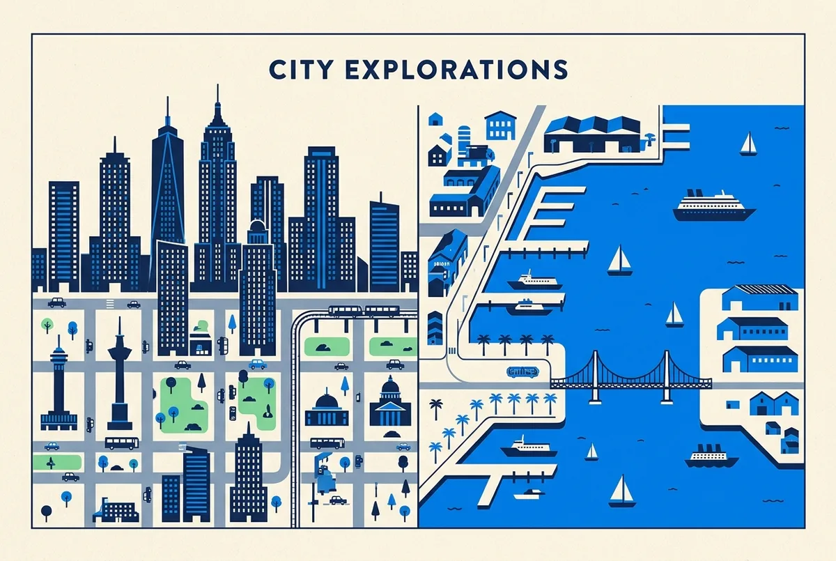 Simple side by side icon graphic comparing a midtown skyline view icon and a downtown harbor view icon, generic labels only, no statistics