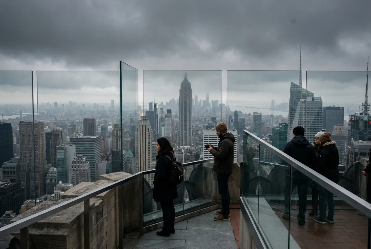 overcast sky view from the glass walled top of the rock observation floor looking out over a hazy manhattan skyline, moody gray light, visitors at the window