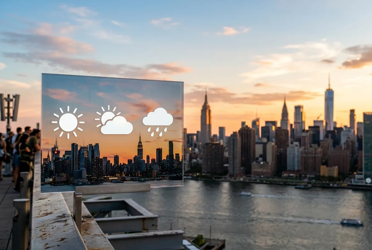Simple weather forecast style graphic with generic sun, cloud and rain icons over a stylized city skyline silhouette, no text statistics