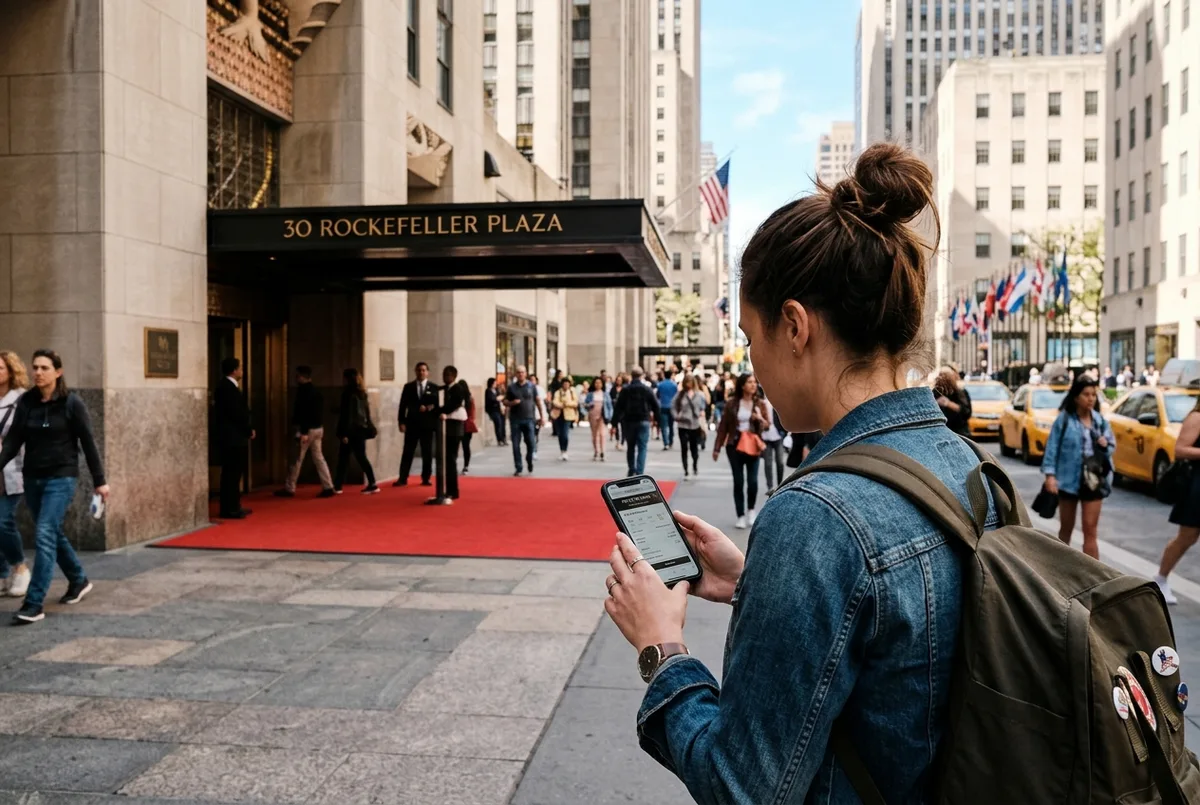 traveler booking top of the rock tickets online on a phone outside 30 rockefeller plaza, red carpet entrance visible, daytime