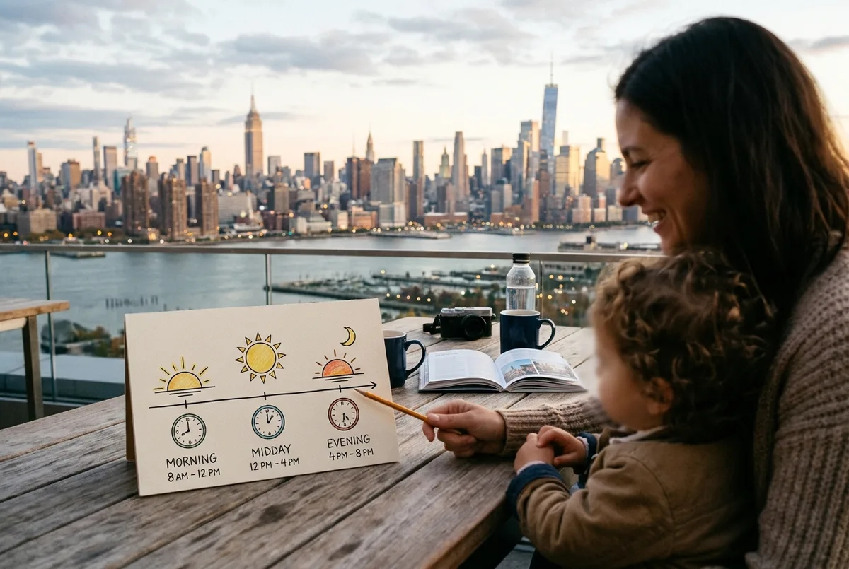 infographie simple façon chronologie familiale avec des icônes matin, midi et soir pour planifier une visite d'observatoire, icônes génériques d'horloge et de soleil, sans statistiques en texte